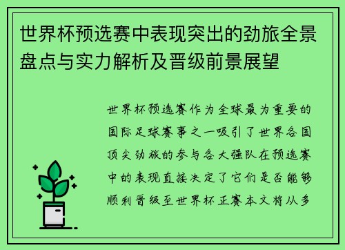 世界杯预选赛中表现突出的劲旅全景盘点与实力解析及晋级前景展望